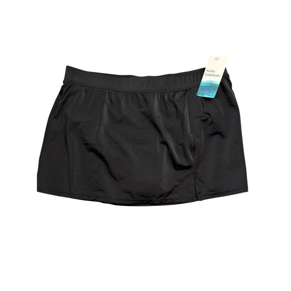 NWT Swim Solutions Slit Skirt Swim Bottom Women Size 16 Black Built-in Brief